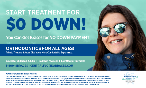 Smiling girl with braces and sunglasses alongside text Start treatment for $0 down. Orthodontics for all ages.